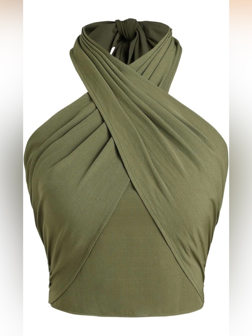 Cider Green Cross Wrap Halter Shirred Back Crop Top